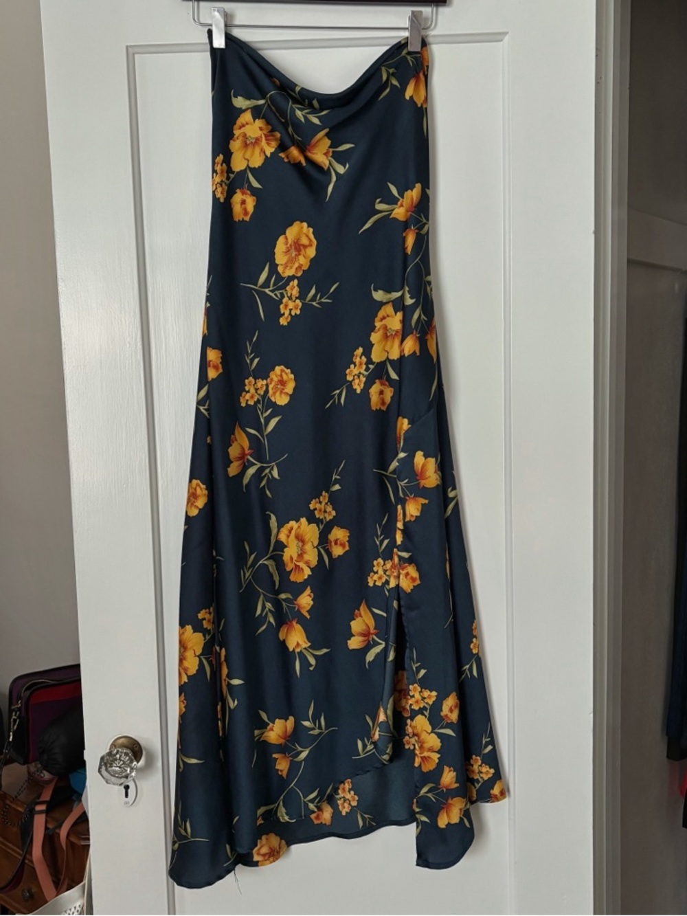 Astr Navy Cowl Neck Slip Dress with Yellow Floral Print - Size M